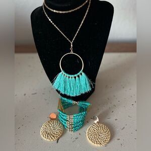 Turquoise Tassel Necklace Jewelry Set